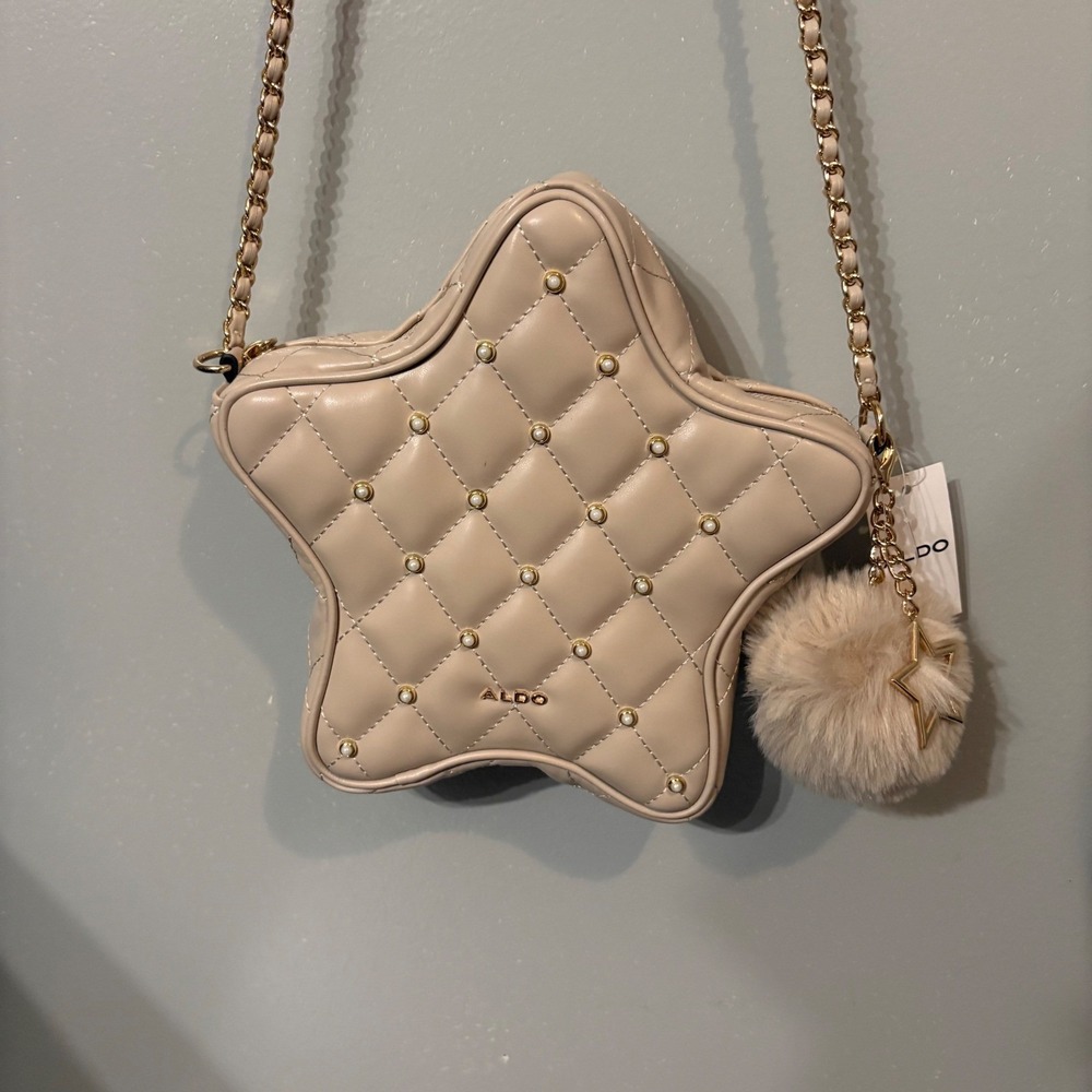 NWT ALDO Tan Star Quilted Shaped Purse w/ Gold Chain Strap, Pearl Beads